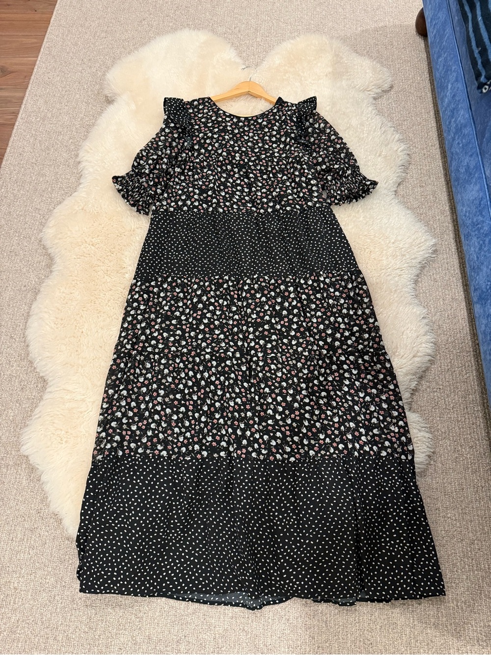 Free the roses black floral polka dot tiered maxi dress BNWOT size large - Picture 3 of 7